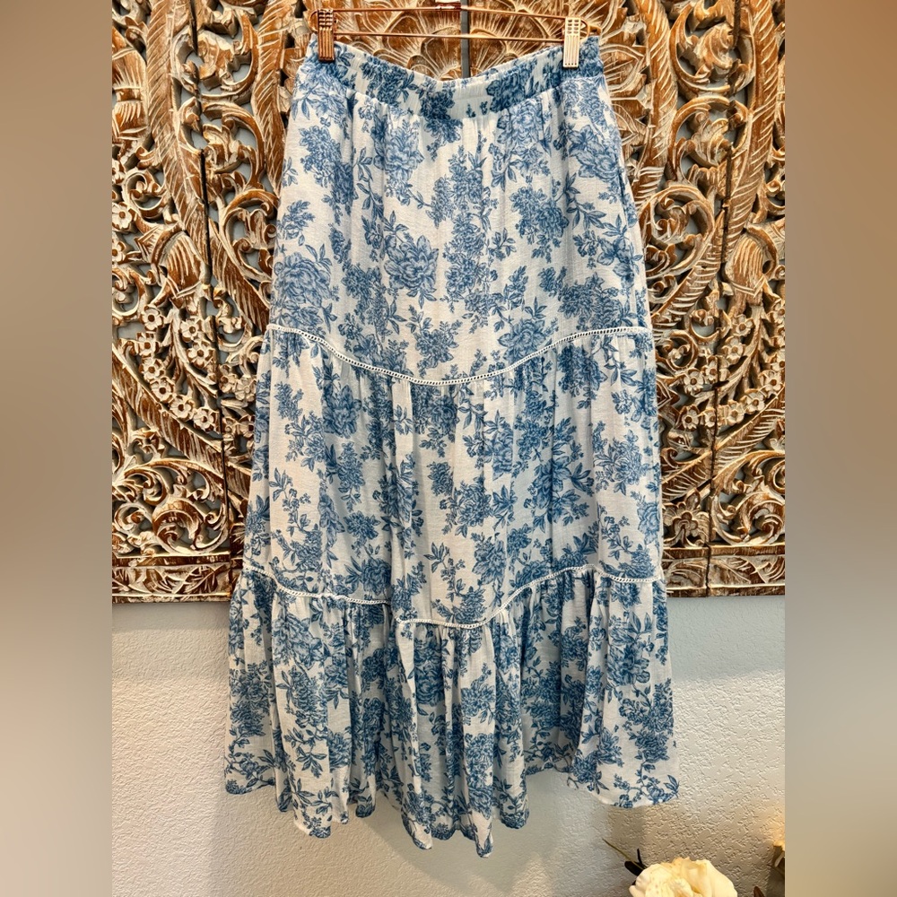 Nanette Lepore Blue & White Toile Tiered Boho Coquette Country Chic Maxi Skirt - Picture 2 of 12